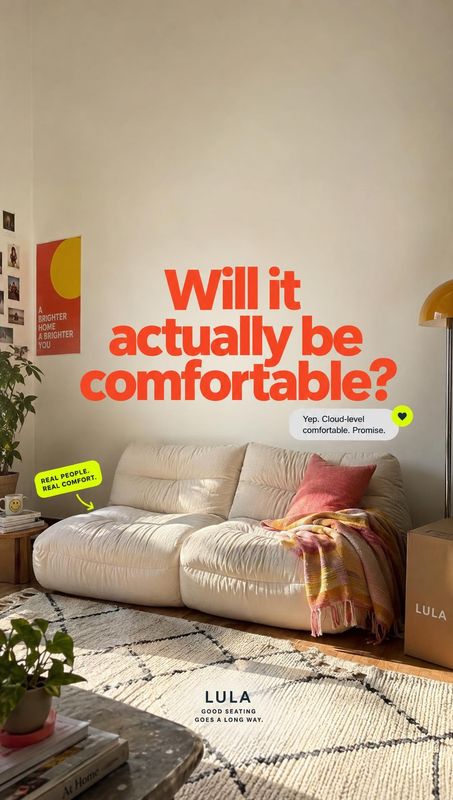 sofa room set product photo: A cream sectional sofa with a pink throw sits in a sunlit living room, framed by plants and decor beneath bold red promotional typ…