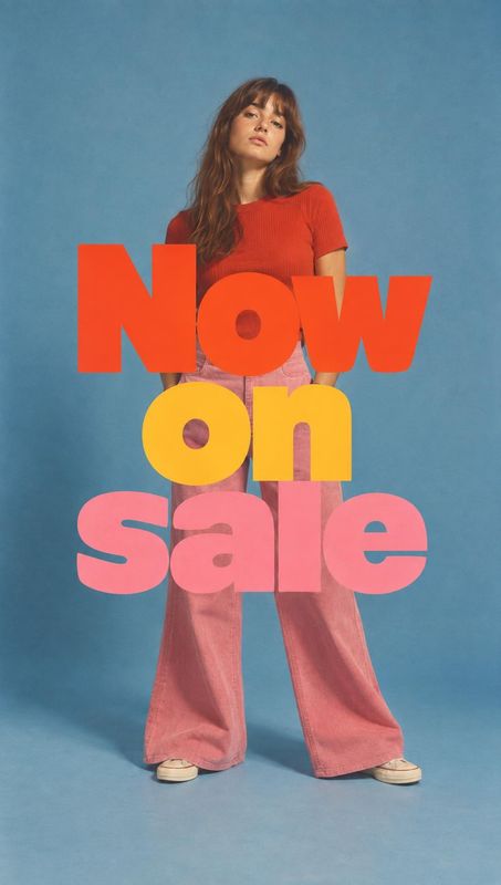 women's outfit black friday product photo: A woman in a red top and pink wide-leg trousers poses against a blue studio backdrop, overlaid with oversized red, y…