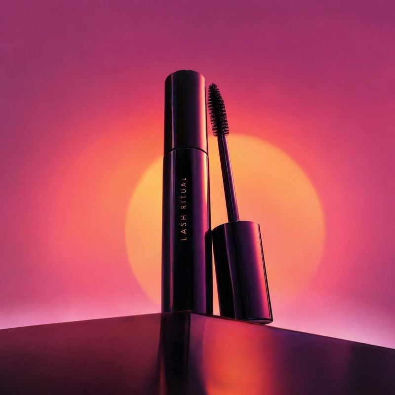 mascara beauty product photo: A black mascara tube and wand stand against a glowing pink-and-orange backdrop, with dramatic reflections and a polished beauty-c…