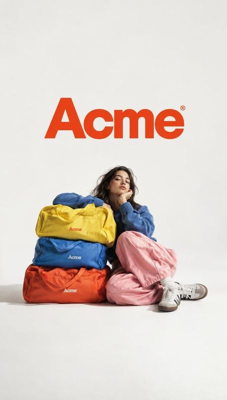 colorful duffel bags group lineup product photo: A casually posed woman in blue and pink sits beside a stack of colorful duffel bags in a bright studio, beneat…