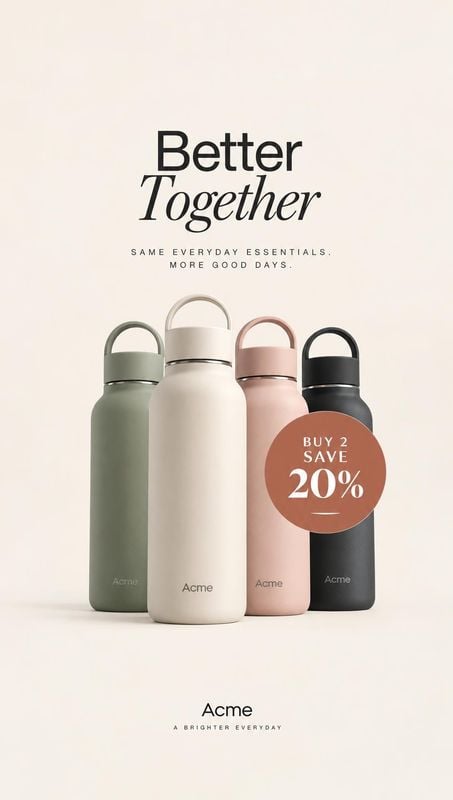 reusable water bottles group lineup product photo: Four reusable bottles in muted green, cream, blush, and black stand in a clean studio arrangement beneath el…