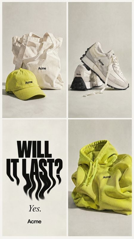 apparel, sneakers, tote bag and cap group lineup product photo: A four-panel studio collage pairs cream sneakers and a canvas tote with a lime cap and hoodie,…