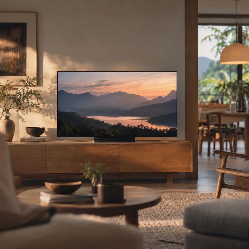 television lifestyle scene product photo: A slim television displaying a mountain lake at sunset anchors a warm, wood-furnished living room, lit by soft natura…