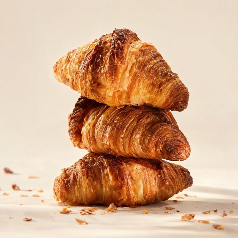 croissants food and drink product photo: A stack of glossy, golden-brown croissants rests on a pale surface against a warm cream backdrop, with soft studio lig…