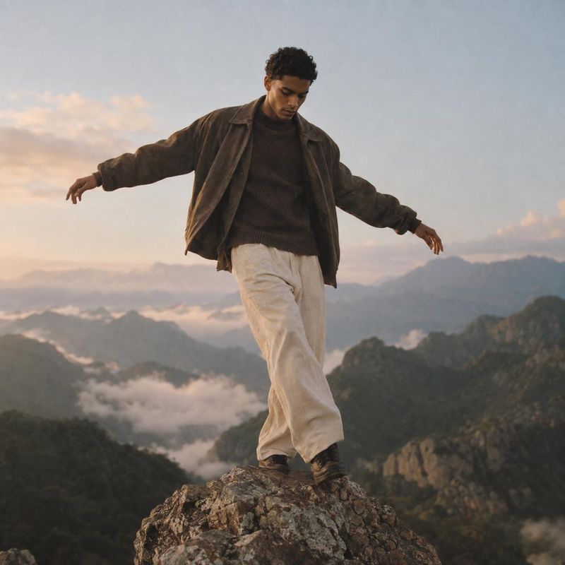 men’s outfit action & motion product photo: A man in a layered brown jacket, dark sweater and light trousers balances on a rocky outcrop above a misty mountain…
