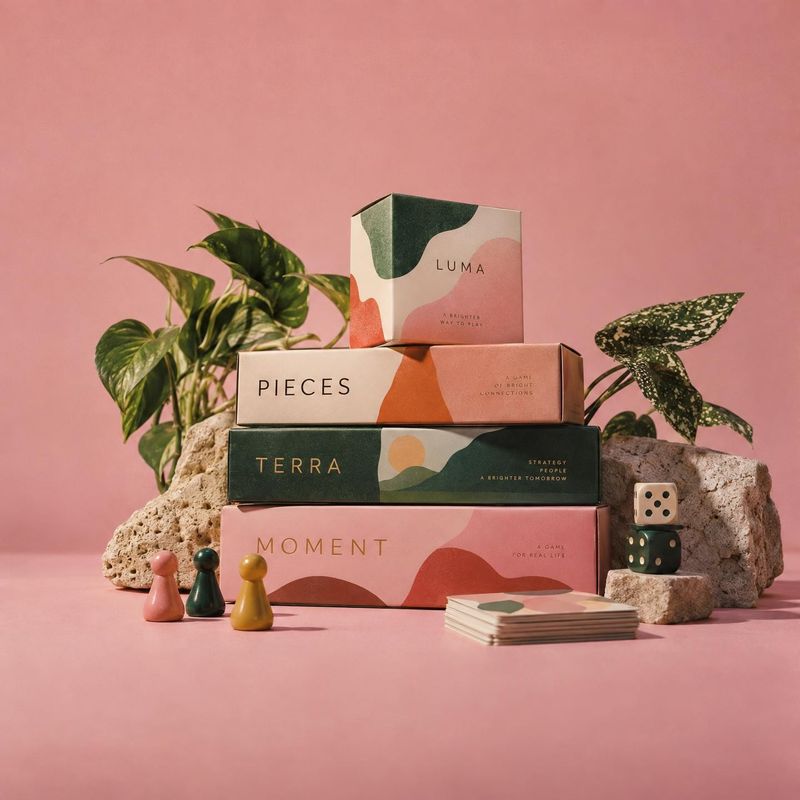 tabletop game set toys product photo: A curated stack of colorful tabletop game boxes, cards, dice, and playing pieces is arranged among greenery and textured…