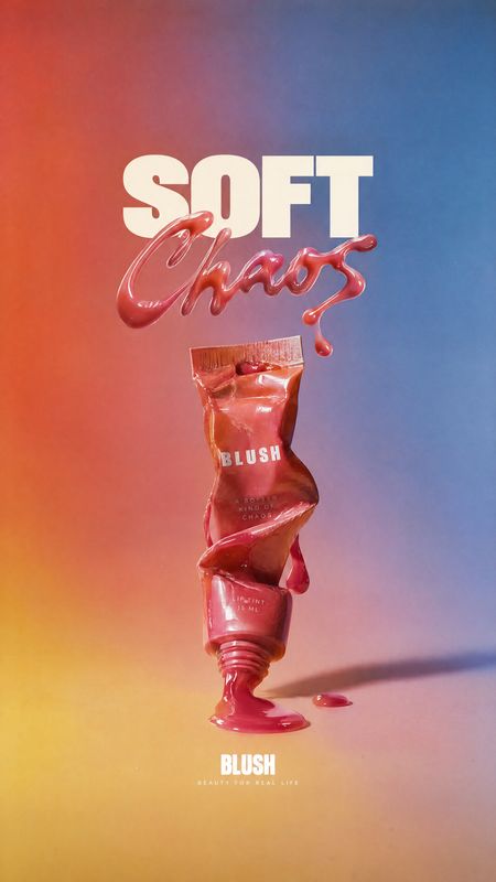 blush tube packshot product photo: A glossy blush tube, crumpled and spilling pink product, is staged against a vivid coral-to-blue gradient beneath bold cream…