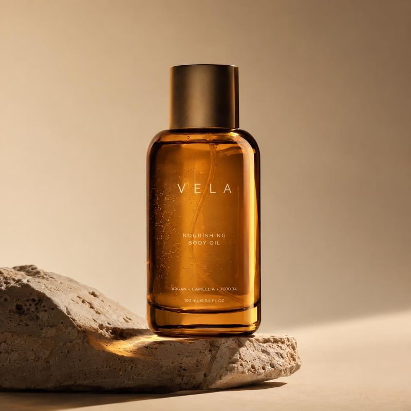 nourishing body oil black friday product photo: An amber bottle of body oil stands on a rough stone slab against a warm beige backdrop, lit by golden direction…
