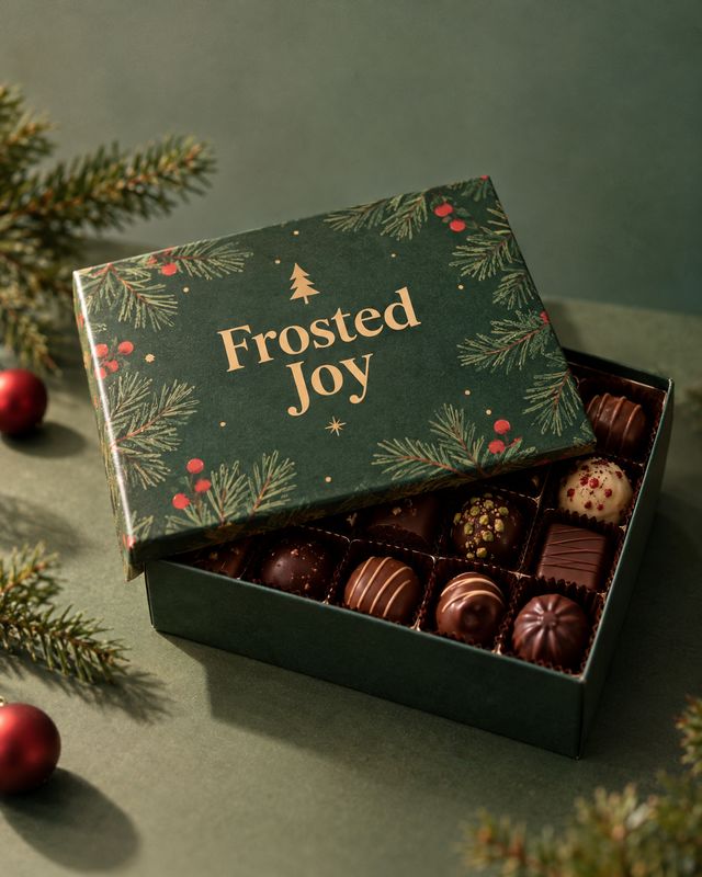assorted chocolates in a gift box christmas product photo: An open box of assorted chocolates sits on a sage-green surface among evergreen sprigs and red ornam…