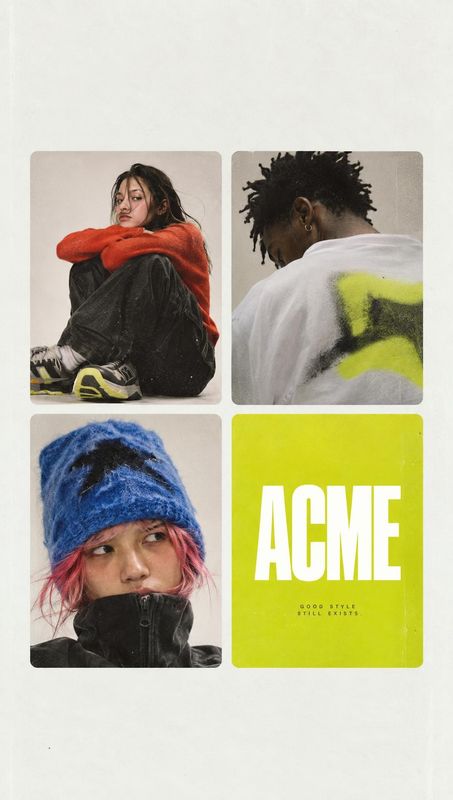 streetwear clothing on-body detail product photo: A fashion campaign collage pairs three tightly framed streetwear portraits in bold, layered outfits with a br…