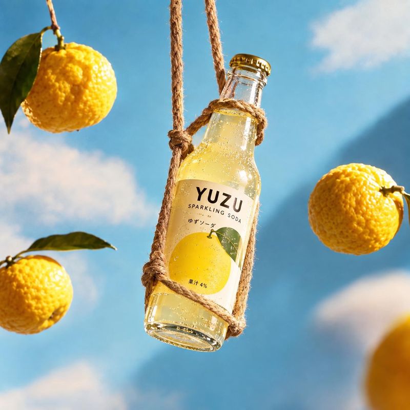 yuzu sparkling soda floating product product photo: A bottle of yuzu sparkling soda hangs in a rope sling among bright citrus fruit against a vivid blue sky, w…