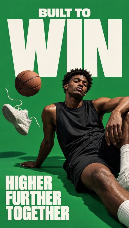 basketball sneakers and athletic apparel sports product photo: A basketball player in black athletic wear poses on a vivid green studio floor beneath oversized…