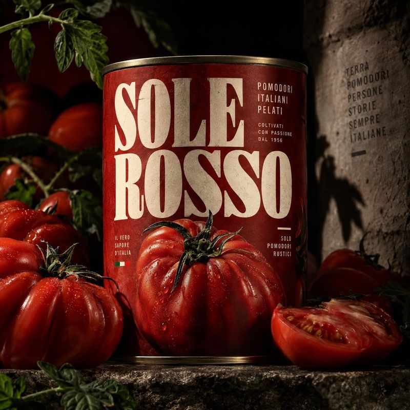 canned peeled tomatoes ingredients product photo: A bold red can of peeled tomatoes stands among ripe tomatoes and leafy vines against a rough stone backdrop,…
