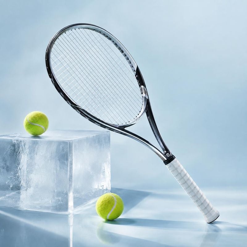 tennis racket sports product photo: A black-and-white tennis racket and two bright tennis balls are artfully arranged around a block of ice against a cool blue…