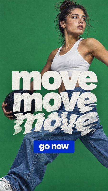athletic apparel action & motion product photo: A woman in a white tank top and loose blue jeans poses dynamically against a vivid green studio backdrop, with…