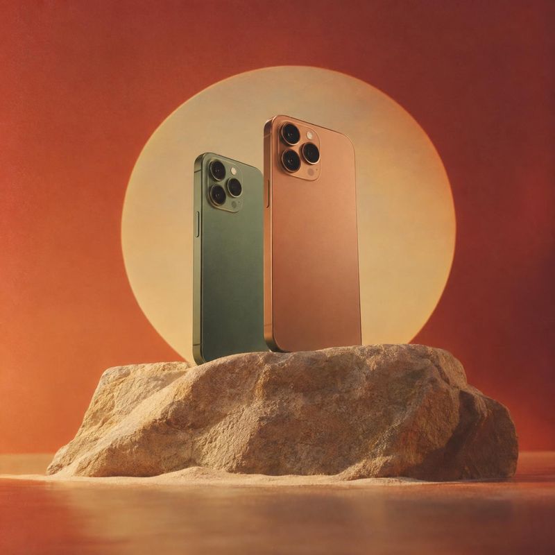 smartphones electronics product photo: Two premium-looking smartphones stand on a rugged stone against a warm terracotta backdrop, lit with a dramatic sun-like…