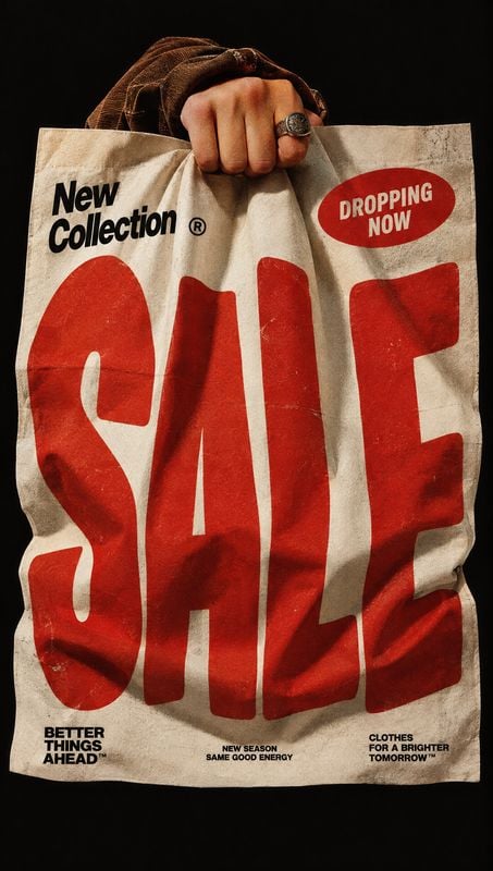 shopping bag product in hand product photo: A hand gripping a large crumpled paper shopping bag printed with oversized red “SALE” lettering and smaller promoti…