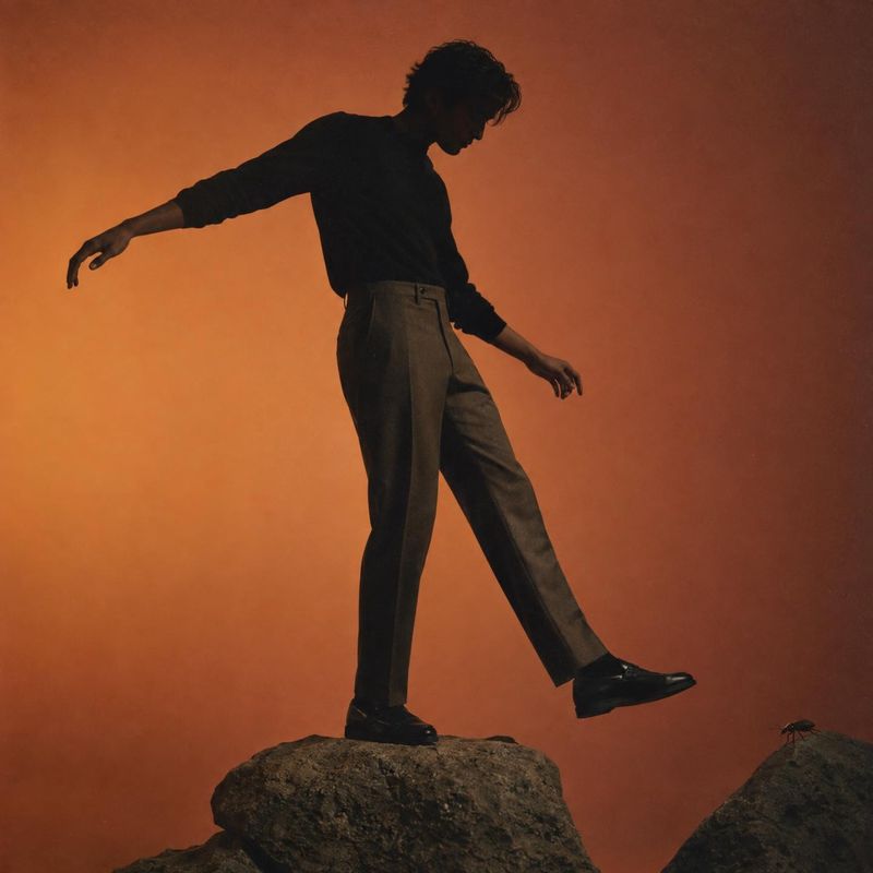men’s trousers and shoes action & motion product photo: A male model in a dark top, tailored trousers and polished shoes balances across rocks against a warm o…