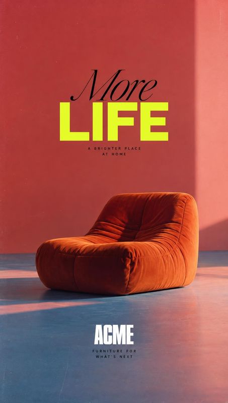 upholstered lounge chair home product photo: A sculptural orange upholstered lounge chair sits on a blue studio floor against a coral wall, beneath oversized c…
