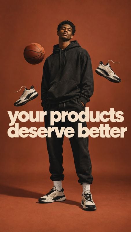 sneakers floating product product photo: A young man in dark streetwear stands against a terracotta studio backdrop, flanked by floating sneakers and a basketb…