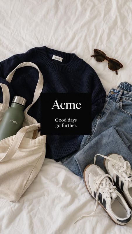 casual clothing and accessories flat lay product photo: A navy knit sweater, denim jeans, canvas tote, water bottle, sunglasses, and sneakers are arranged on a…