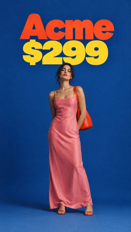 pink dress fashion product photo: A model poses in a flowing pink dress with an orange shoulder bag against a vivid blue studio backdrop, beneath bold orange a…