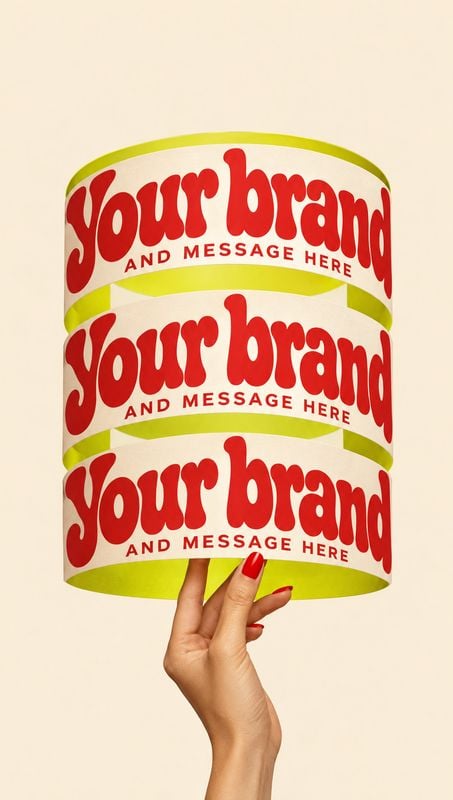 branded paper cups product in hand product photo: A manicured hand holds a stack of bright white paper cups with bold red placeholder lettering and lime-green…