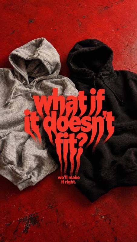 hoodies flat lay product photo: Two gray and black hoodies lie side by side on a distressed red surface, overlaid with bold red lettering about fit and a small…