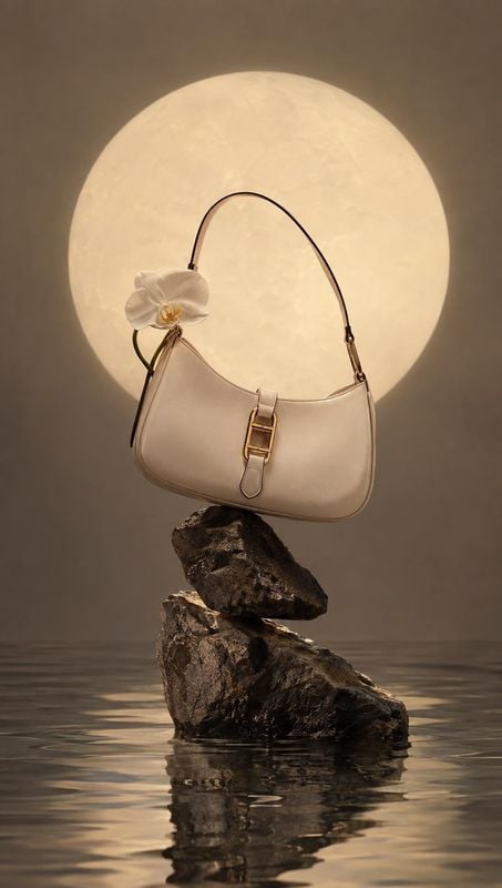 handbag black friday product photo: A pale leather shoulder bag is suspended above dark rocks and reflective water, framed by a glowing moon-like disc in warm,…