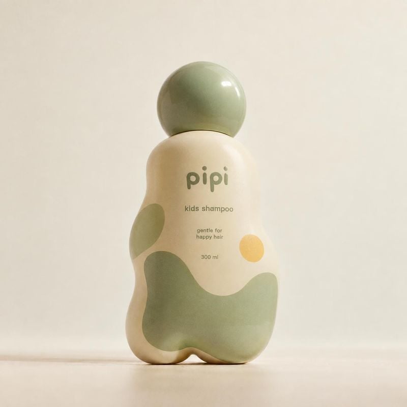 kids shampoo beauty product photo: A sculptural pastel kids-shampoo bottle stands centered against a warm ivory studio backdrop, softly lit for a gentle, playf…
