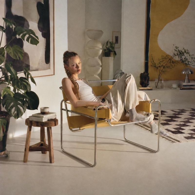 chair lifestyle scene product photo: A woman in a relaxed neutral outfit reclines in a mustard leather-and-chrome chair amid plants and sculptural decor, in wa…