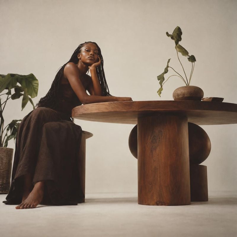 wooden table lifestyle scene product photo: A woman in a dark flowing outfit sits beside a sculptural wooden table with a potted plant, photographed against a…