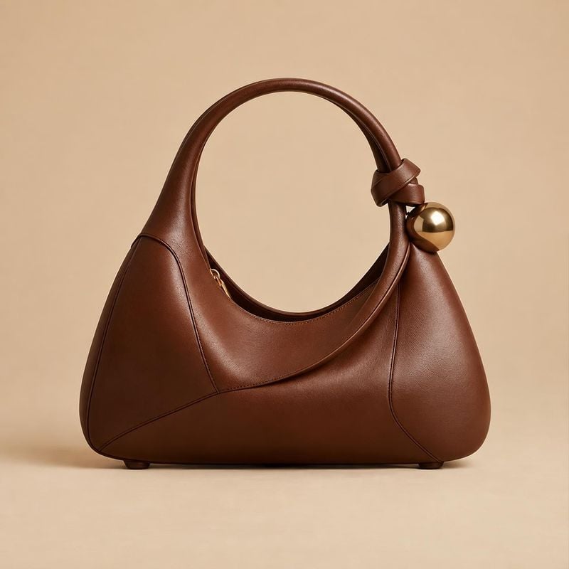 leather handbag jewelry product photo: A sculptural brown leather handbag with a gold-tone spherical detail is centered against a warm beige studio backdrop, c…