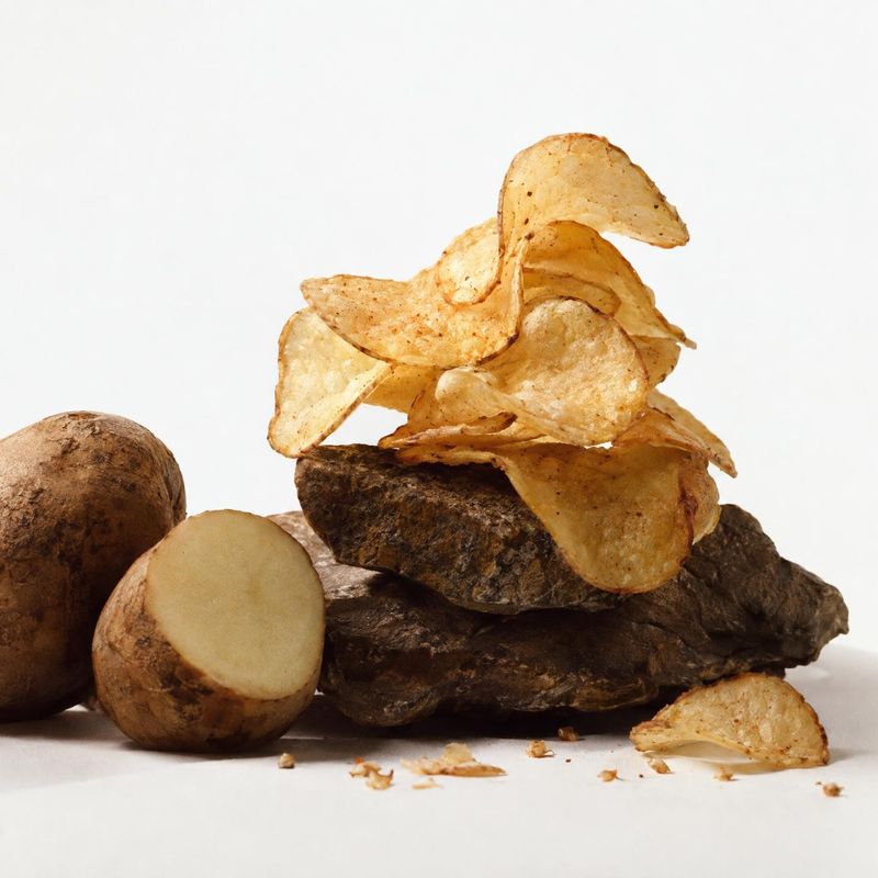 potato chips texture / swatch product photo: Golden potato chips are piled over rough stones beside whole and cut potatoes on a bright white studio surface, cr…