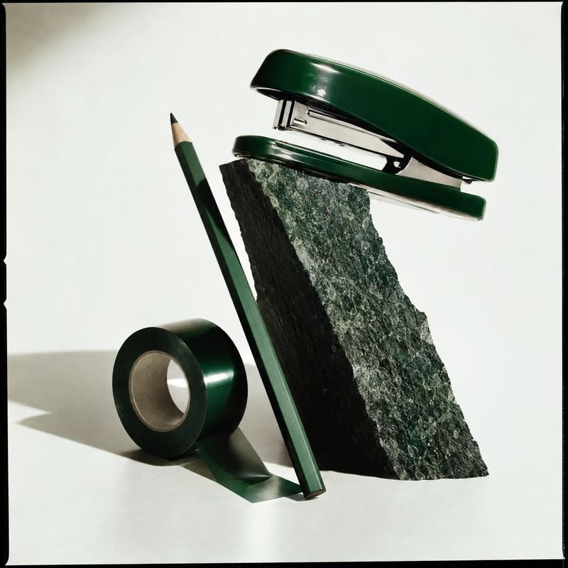 stationery supplies stationery product photo: A dark green stapler, pencil and tape are arranged around a rough stone on a bright studio surface, with crisp sh…