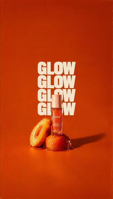 skincare serum ingredients product photo: A skincare serum bottle is staged with citrus-like fruit against a vivid orange studio backdrop, with stacked cream l…