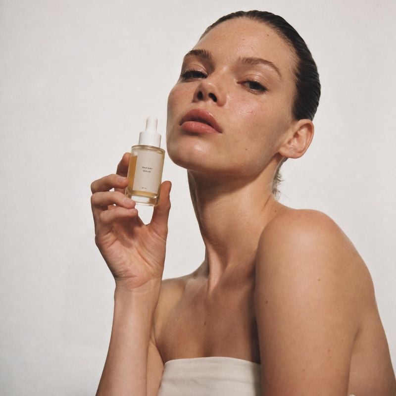 serum bottle product in hand product photo: A woman with slicked-back hair holds a small dropper bottle beside her face against a softly lit pale studio backdr…