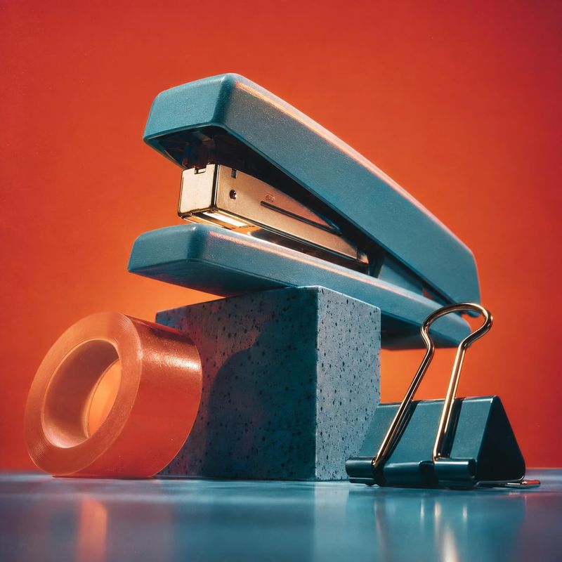 stapler stationery product photo: A teal stapler, translucent tape roll and binder clip are arranged on geometric props against a vivid red-orange studio backd…
