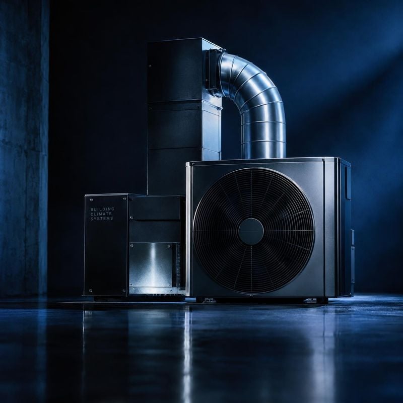 HVAC heat pump unit lifestyle scene product photo: A large HVAC unit and curved metal duct stand in a dark industrial interior, lit with dramatic cool blue hig…