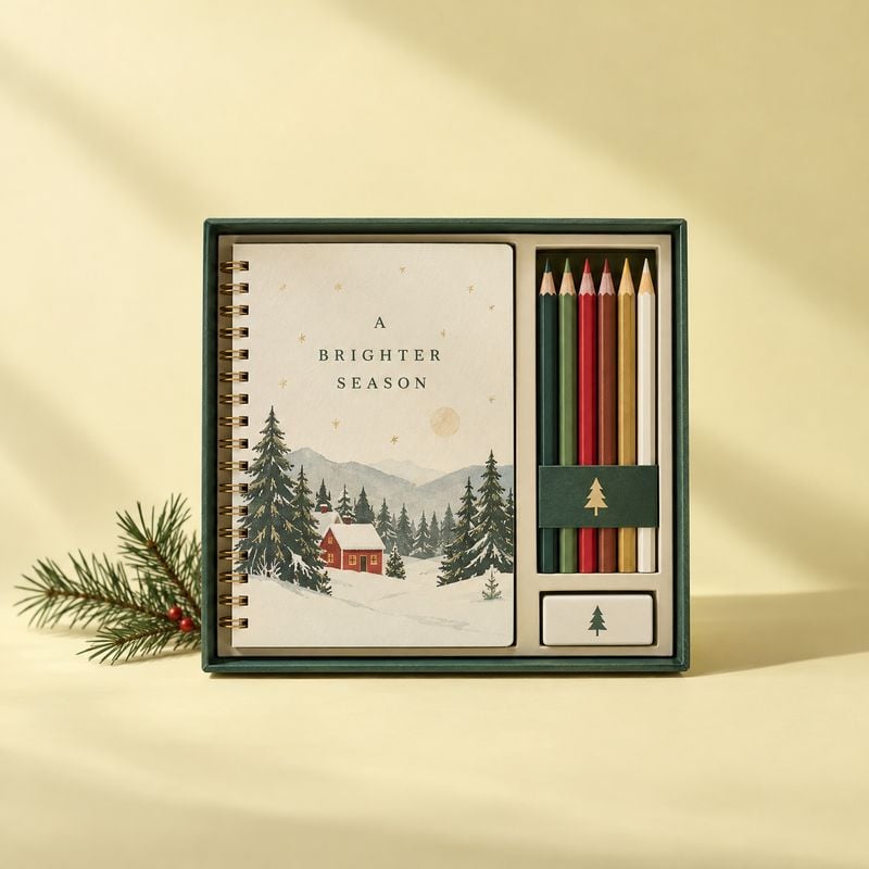 notebook and colored pencil gift set christmas product photo: A spiral notebook and colored pencils sit in a deep green gift box beside an evergreen sprig, sty…