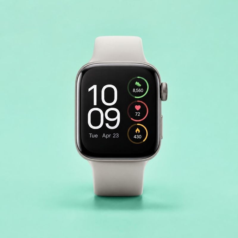 smartwatch electronics product photo: A silver smartwatch with a pale band and active-tracking display is centered against a mint-green studio backdrop, lit so…