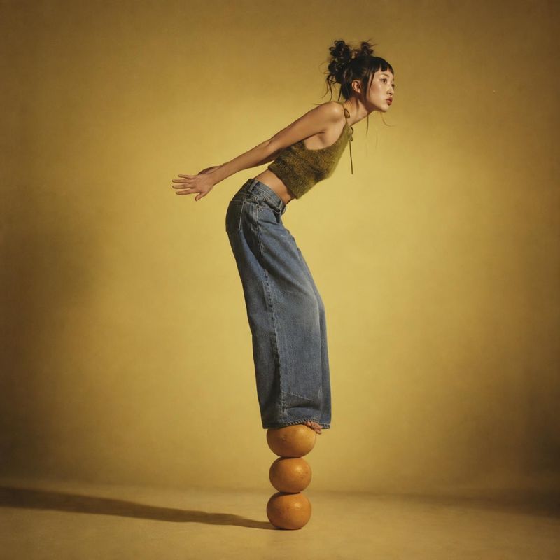 wide-leg jeans action & motion product photo: A model in wide-leg jeans and a textured sleeveless top balances on stacked wooden spheres against a warm ochre s…
