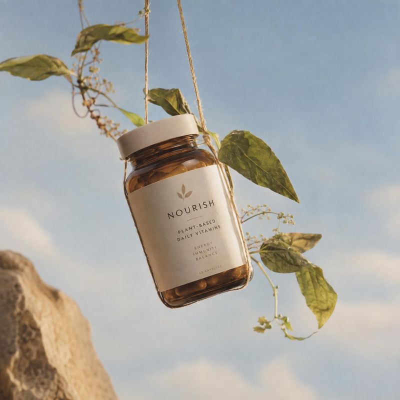 plant-based daily vitamins floating product product photo: An amber bottle of plant-based vitamins hangs among leafy vines against a pale blue sky, lit with so…