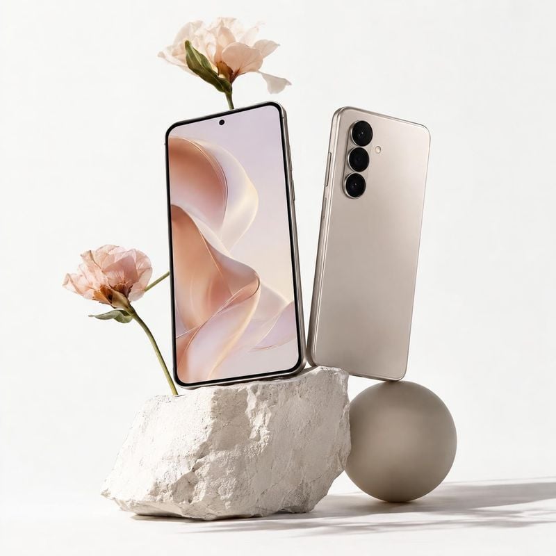 smartphone electronics product photo: Two views of a pale metallic smartphone are artfully arranged on sculptural stone and a rounded sphere, with soft pink bl…