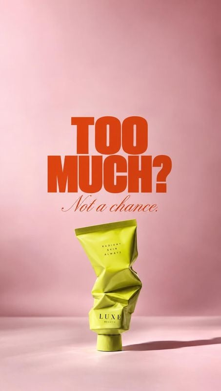 skincare cream tube packshot product photo: A crumpled lime-green skincare tube stands on a pink studio surface beneath bold orange display lettering, with sof…