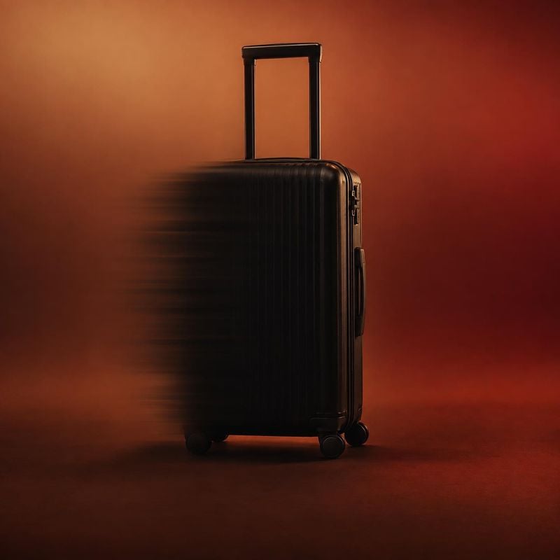 rolling suitcase black friday product photo: A black ribbed rolling suitcase stands against a warm rust-red studio backdrop, with dramatic directional lighting…