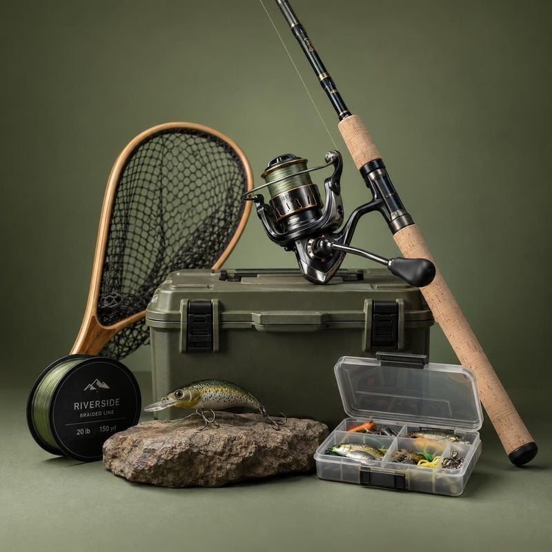 fishing gear set sports product photo: A fishing rod, reel, net, tackle box, lures, and line are arranged on an olive-green studio set with soft directional li…