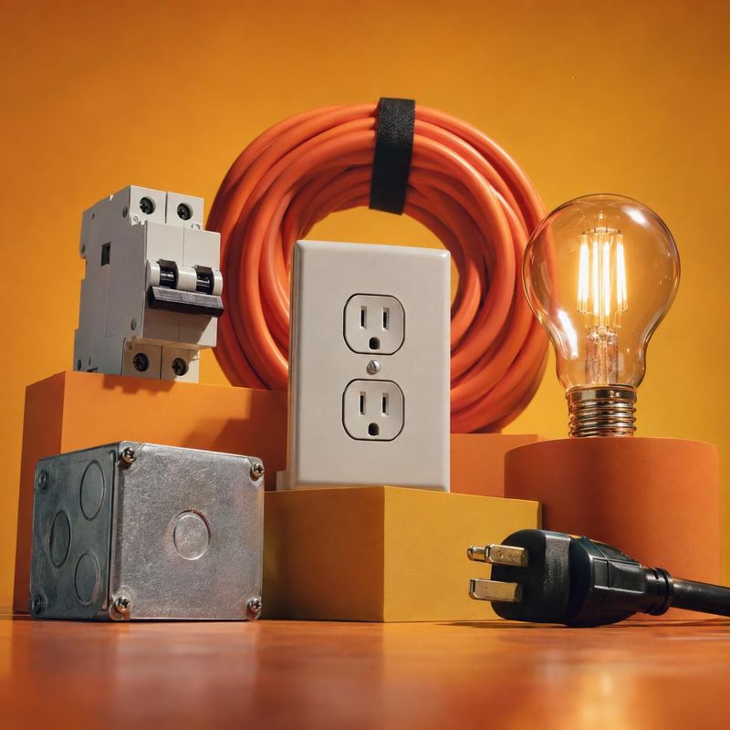 electrical components electronics product photo: A coiled orange cable, outlet, circuit breaker, metal junction box, plug and glowing bulb are arranged on oran…