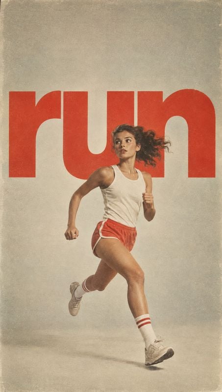 athletic running outfit action & motion product photo: A woman in a white tank, red running shorts and striped socks runs across a softly lit beige studio back…