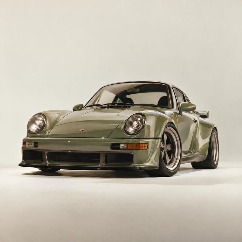 Porsche 911 sports car vehicle exterior product photo: A muted sage-green Porsche 911 with wide fenders and polished wheels is photographed at a low three-quar…